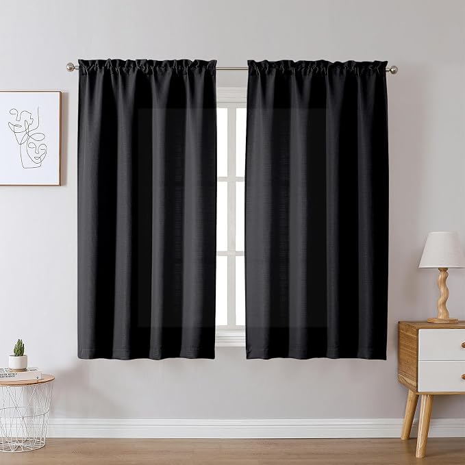 Chyhomenyc Black Curtains 54 Inch Length 2 Panels, Faux Linen Textured Semi - Image 2