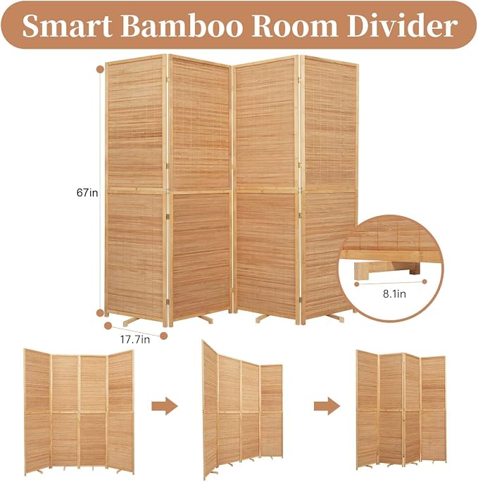 Room Divider Folding Privacy Screens, Hand-Made 67'' High Bamboo Room Dividers - Image 5
