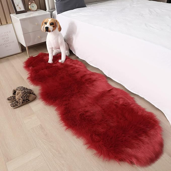 Faux Fur Rug 2 x 6 ft Red Shaggy Sheepskin Machine Washable Fuzzy Area Rug - Image 6