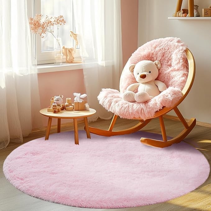 Round Fluffy Pink Rug 4x4ft: Ultra Soft Furry Girls Bedroom Carpet- Oval Plush - Image 4