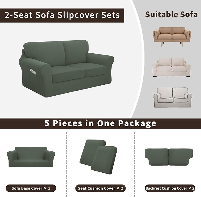 Easy-Going 5 Pieces Stretch Loveseat Cover Washable Loveseat Slipcover Set - Image 3