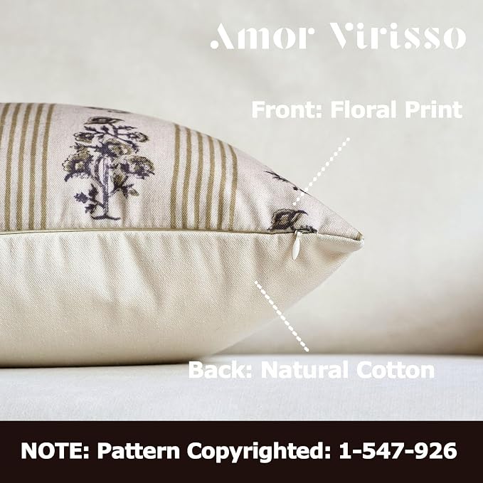 Amor Virisso Floral Throw Pillow Covers 18x18 Set of 2 Block Print Pillow - Image 2