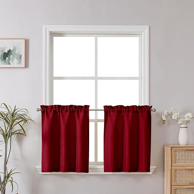 Chyhomenyc Christmas Red Curtains 24 Inch Length, Faux Linen Textured Small by Chyhomenyc