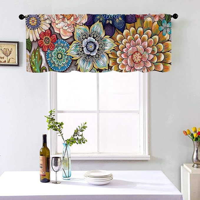 Boho Flower Kitchen Curtains Colorful Oil Painting Flowers Design - Image 2