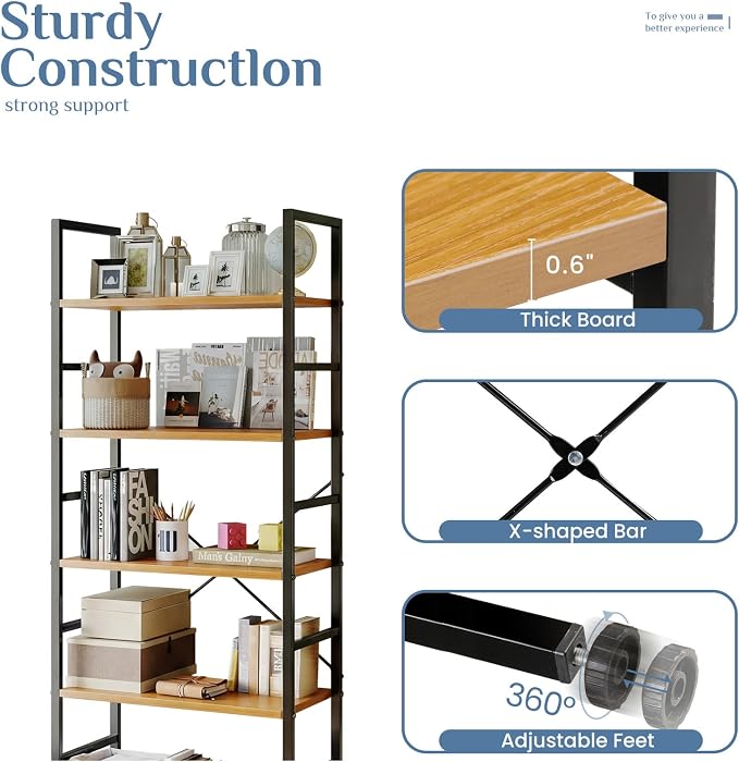 DUMOS 5 Tiers Bookshelf, Classical Book Shelf, Tall Display Shelves in Living - Image 5