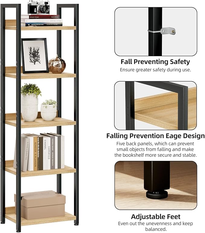 NUMENN Narrow Bookshelf, 5 Tier Bookshelves, Home Office Bookcase Shelf Storage - Image 5