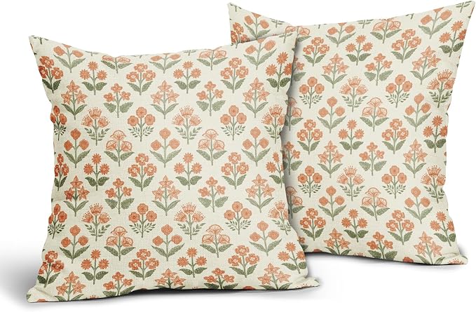Orange Green Floral Pillow Covers 24x24 Inch Set of 2, Vintage Flower Block - Image 2