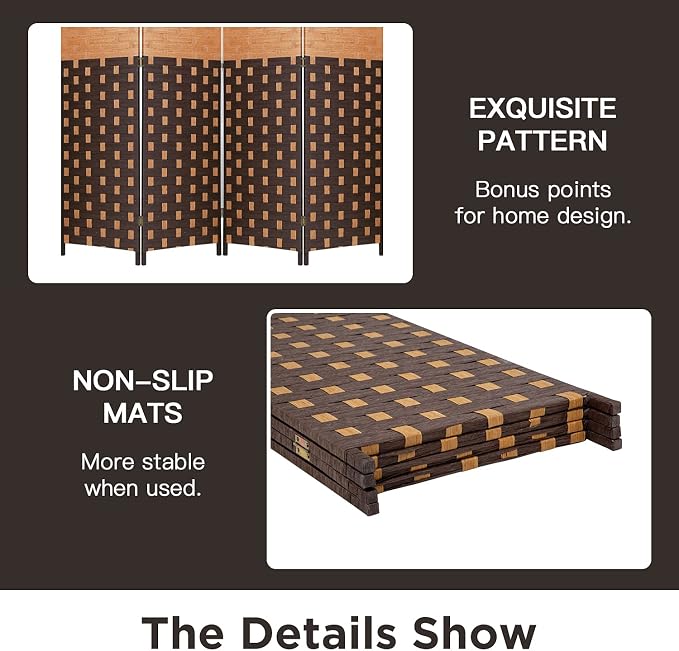 Room Divider 6FT Wall Divider 4 Panels Wood Mesh Hand-Woven Design Room Screen - Image 4