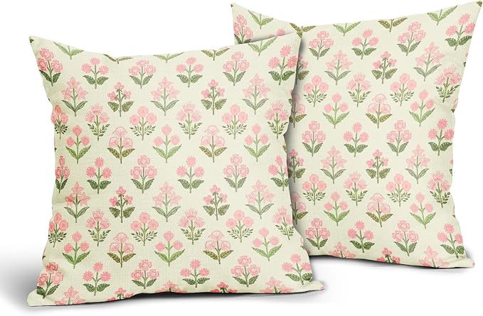 Pink Green Block Print Pillow Covers 20x20 Inch Set of 2 Vintage Floral - Image 2
