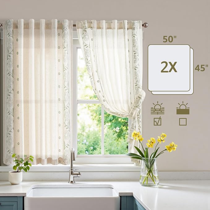jinchan Winslow Linen Curtains 45 Inch Length Small Window Curtains Embroidered - Image 8