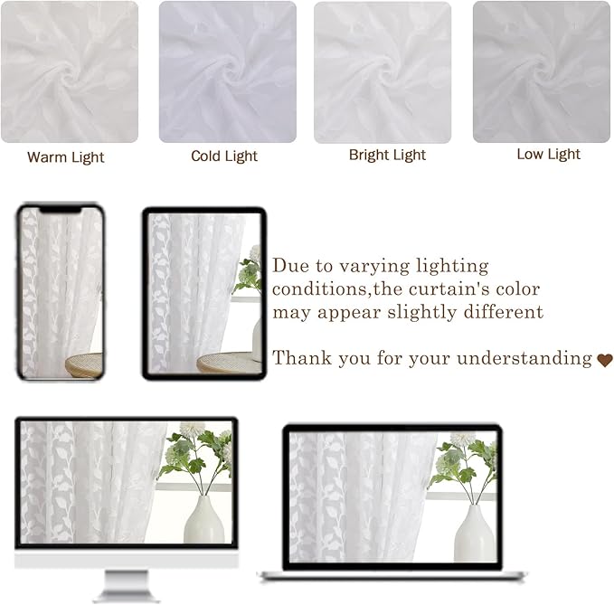 Chyhomenyc White Short Curtains 45 Inch Length 2 Panels, Light Filtering Leaf - Image 8
