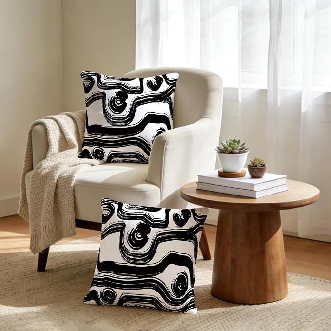 Abstract Black and White Brush Stroke Throw Pillow Covers 18x18 Set of 2 - Image 2