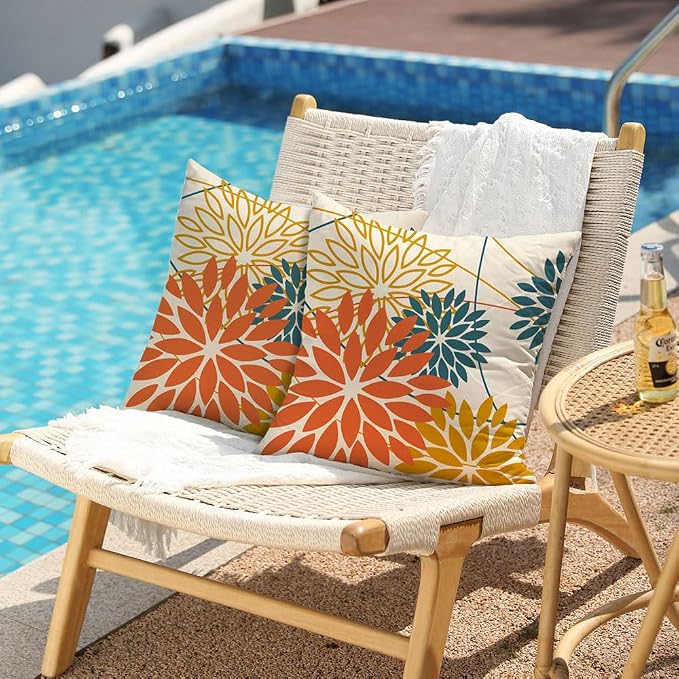 Orange and Yellow Floral Pillow Covers 16x16 Set of 2 Fall Outdoor Waterproof - Image 2