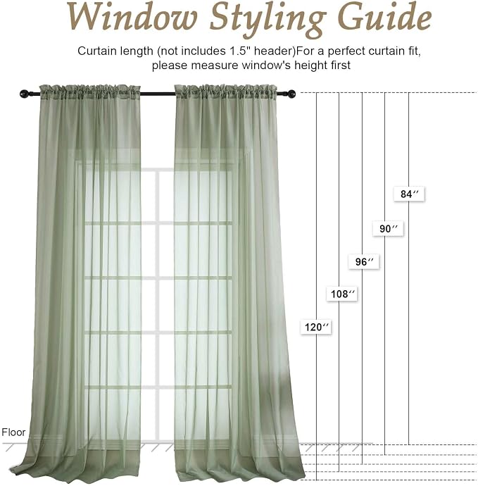 OVZME Sheer Sage Green Curtains 108 Inches Long 2 Panels Set, 59 Inch Extra - Image 2