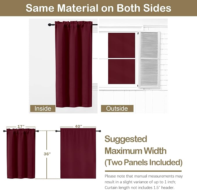 OVZME Christmas Burgundy Kitchen Curtains 36 Inch Length, Thick Solid Small - Image 2