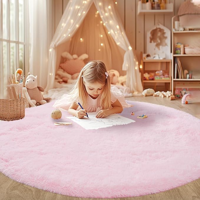 Round Area Rug for Living Room: Pink Shag Rugs for Living Room- 8x8 Feet Large - Image 4