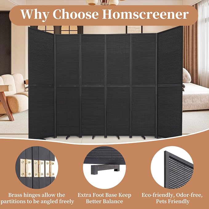 Room Divider Folding Privacy Screens, Hand-Made 67'' High Bamboo Room Dividers - Image 3