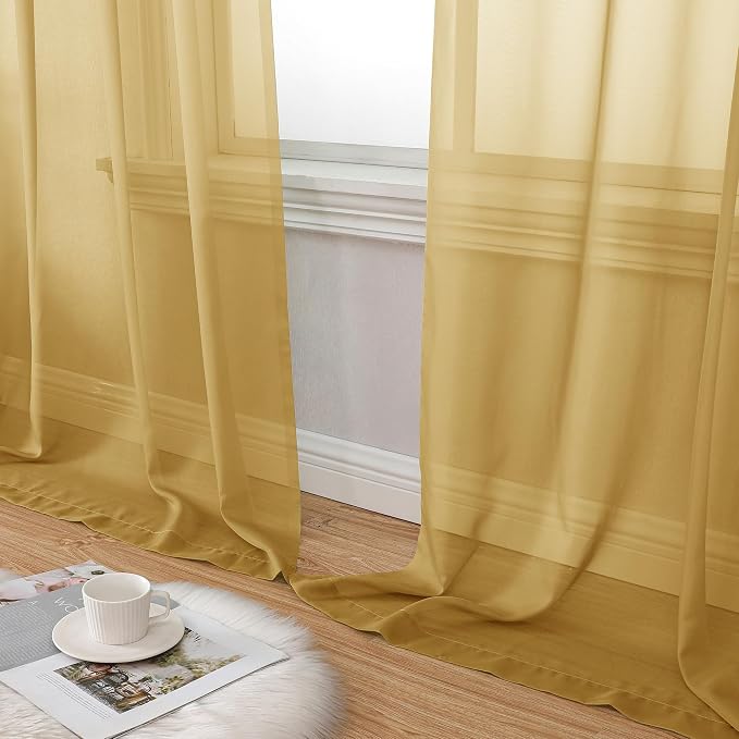 Aiyufeng Gold Sheer Curtain 96 Inches Long 2 Panels Set, Light Filtering Gold - Image 8