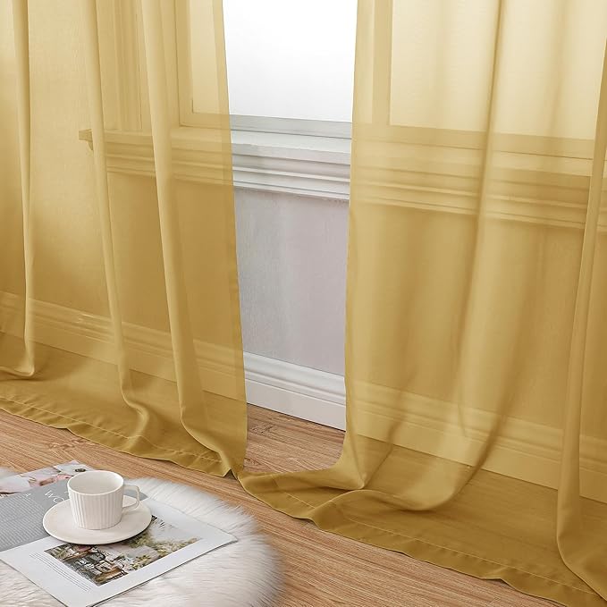 Aiyufeng Gold Sheer Curtain 90 Inches Long 2 Panels Set, Light Filtering Gold - Image 8