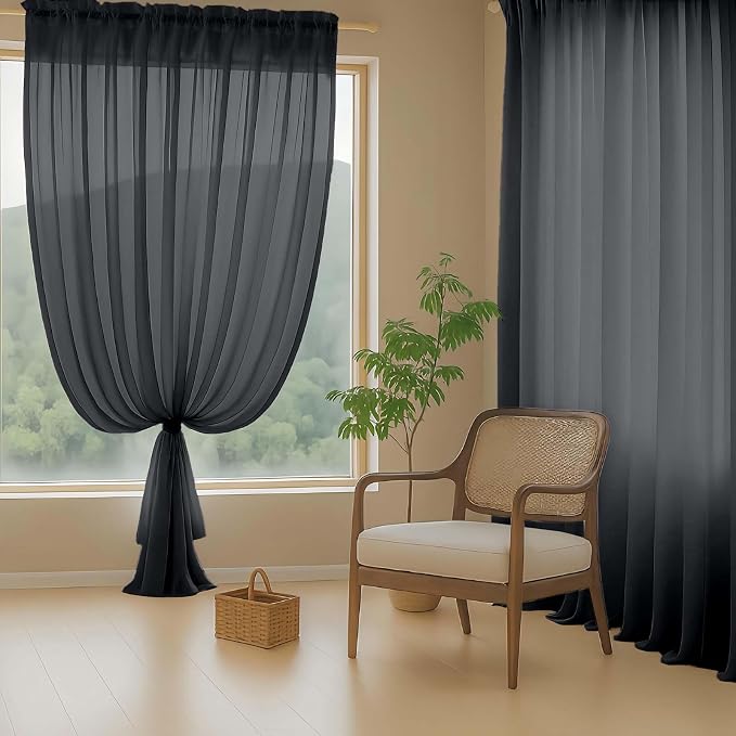 Black Sheer Curtains for Windows 108 inches Long 2 Panels Set, Soft Lightweight - Image 8