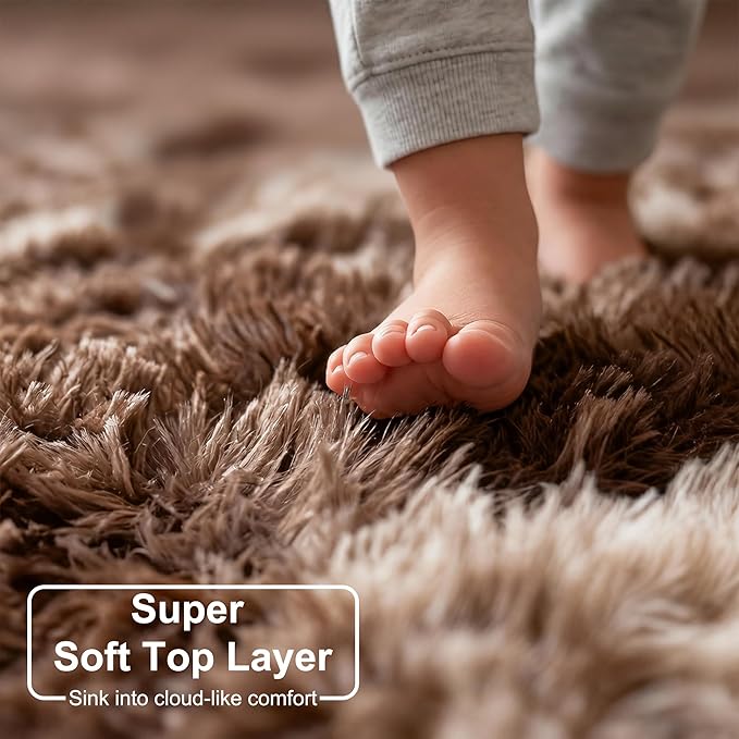 Amdrebio Tie-Dyed Brown Rugs for Bedroom Living Room, 5x7 Fluffy Shaggy Plush - Image 2