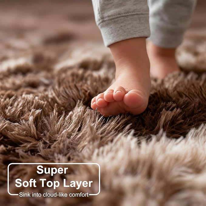 Amdrebio Tie-Dyed Brown Rugs for Bedroom Living Room, 8x10 Large Fluffy Shaggy - Image 2