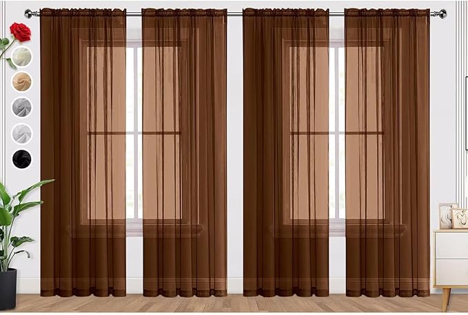 SpaceDresser Brown Sheer Curtains 4 Panels Rod Pocket Semi-Sheer Curtain 54 by SpaceDresser