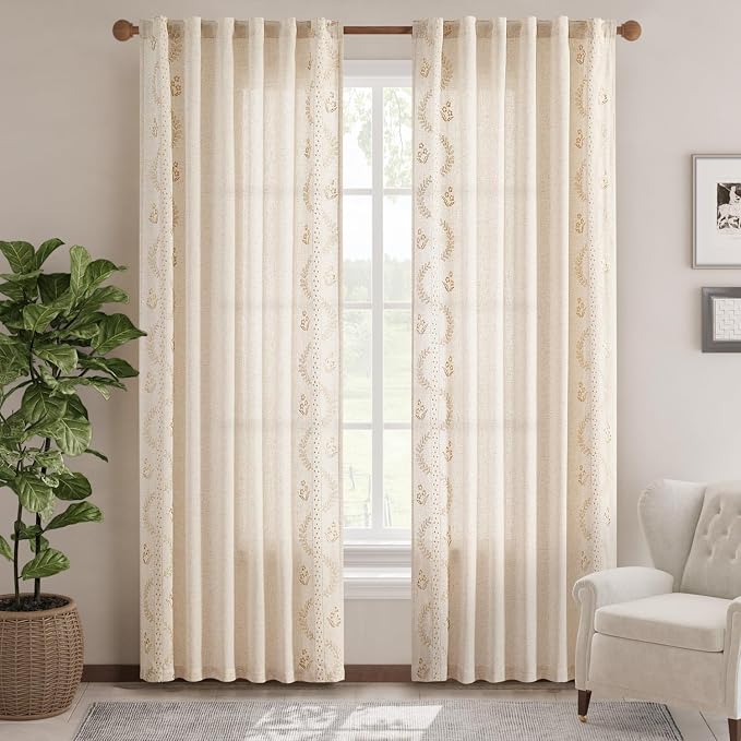jinchan Belrose Linen Curtains for Bedroom Floral Curtains 84 Inch Length Linen - Image 2