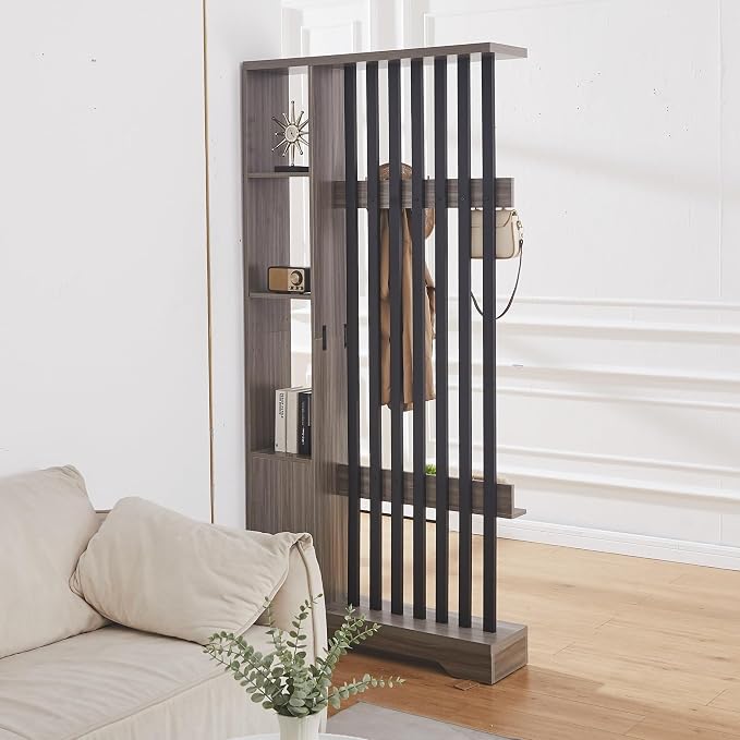 Room Divider with Shelves, Wall Room Divider Bookshelf, Freestanding Wood - Image 4
