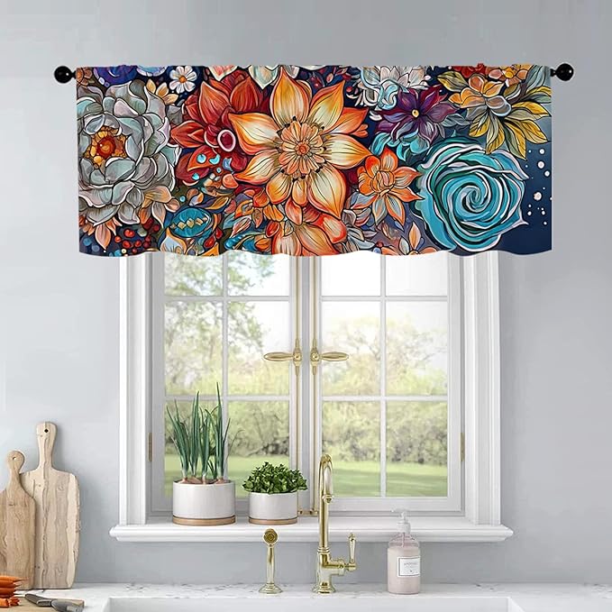 Boho Flower Kitchen Curtains Colorful Oil Painting Flowers Design by BrilliStar