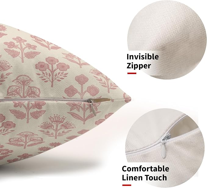 Pink Floral Pillow Covers 12x20 Inch Set of 2, Block Print Lumbar Flower Cream - Image 2