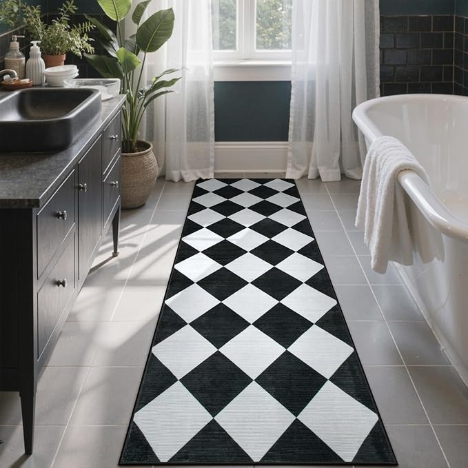Beeiva Checkered Print Black Bathroom Runner Rug 2x6, Washable Ultra Thin Non by Beeiva