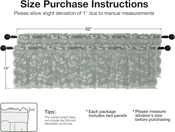 Rinwoc Sage Green Lace Semi-Sheer Valance Curtains 2 Panels – Vintage Leaf Lace - Image 2