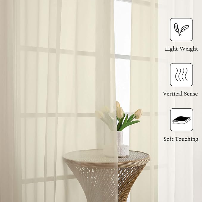 Lecloud Cream Sheer Curtains 108 Inches Long 2 Pcs, Dual Rod Pocket Home Decor - Image 2