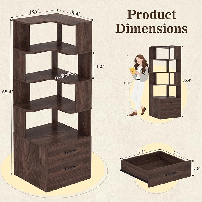 Armocity Corner Bookshelf with Drawers, 7 Tier Corner Book Shelf Display - Image 3