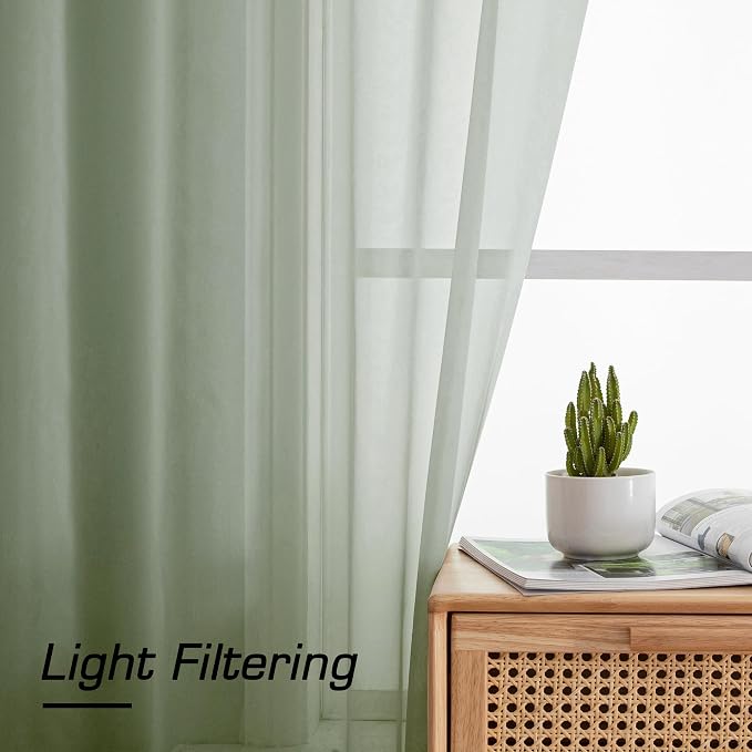 Aiyufeng Sage Green Sheer Curtains 90 Inches Long, Light Filtering Rod Pocket - Image 2