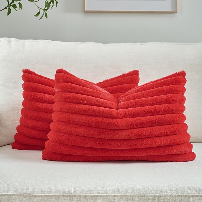 FUTEI Red Decorative Throw Pillow Covers Set of 2, 12x20 Inch Soft Fluffy Faux by FUTEI