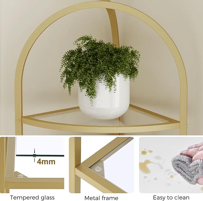 Homhedy 6-Tier Corner Shelf Stand, Metal Corner Bookshelf, Tempered Glass - Image 6