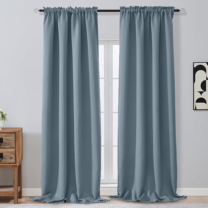 OVZME Stone Blue Blackout Curtains 108 Inches Long 2 Panels, Solid Light by OVZME