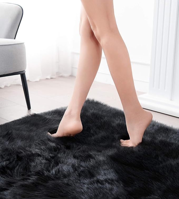 SERISSA Ultra Soft Faux Fur Area Rug Black Fluffy Rug Plush Chair Cover Seat - Image 4