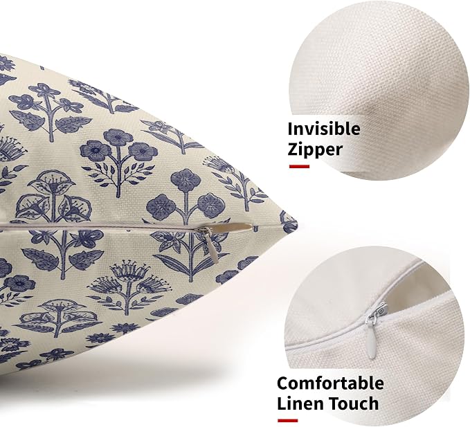 Navy Blue Floral Pillow Covers 12x20 Inch Set of 2, Block Print Lumbar Flower - Image 2