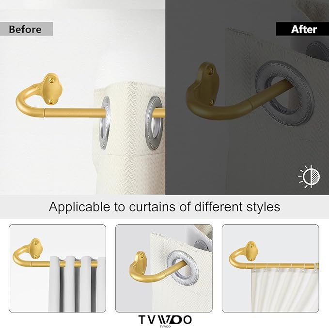 TVWOO Gold Wrap Around Curtain Rods 2 Pack:Small Blackout Adjustable Window - Image 3
