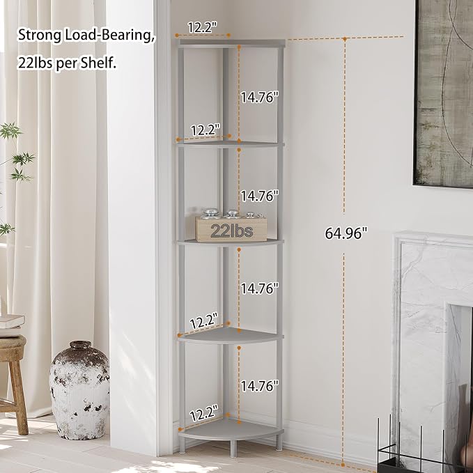 SUNMORY 5 Tier Corner Shelf Stand, Industrial 65" Corner Shelves Display Shelf - Image 2