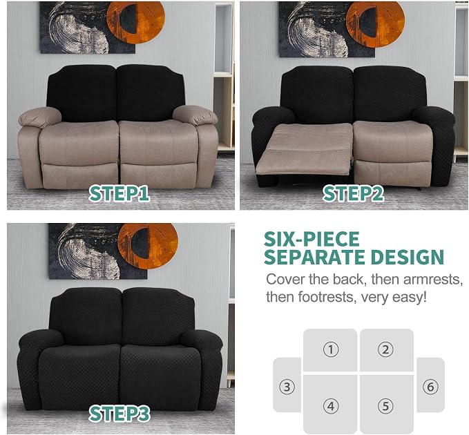 YEMYHOM 6 Pieces Stretch Loveseat Recliner Slipcover Jacquard Recliner Sofa - Image 7