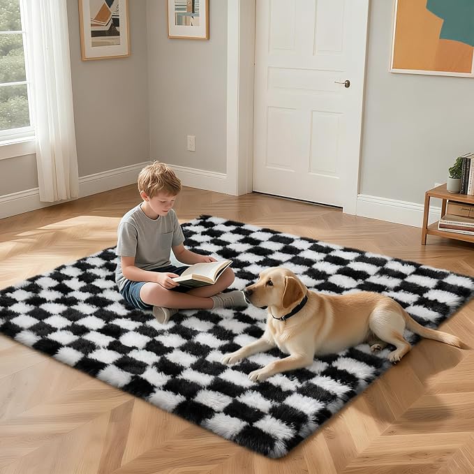 Checkered Rug for Living Room, 6x9 Black and White Area Rugs, Classic Checkered - Image 4