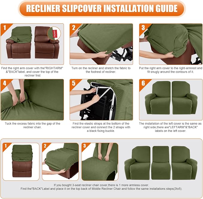 VANSOFY Recliner Sofa Covers, 3-Pieces Stretch Reclining Couch Covers - Image 4