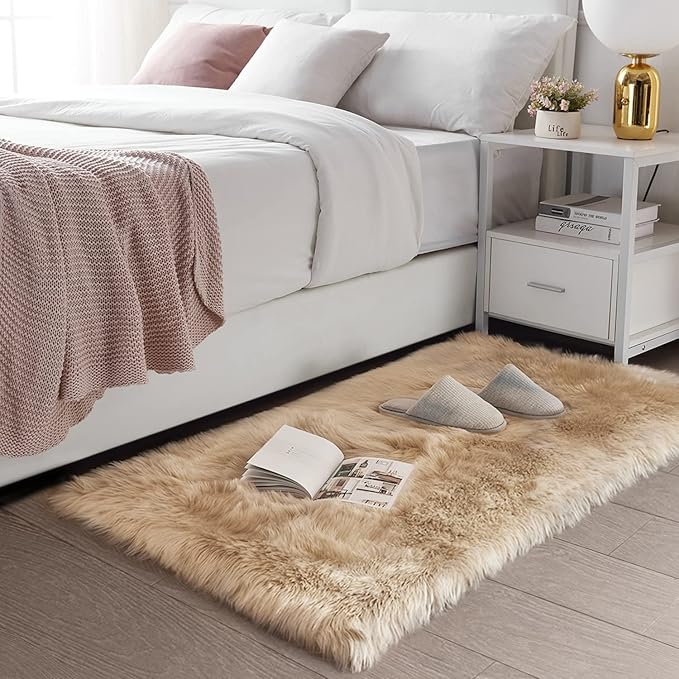 SERISSA Soft Faux Sheepskin Fur Area Rug Beige Fluffy Rug Plush Chair Cover - Image 2