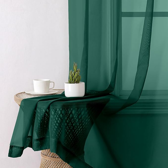 Lecloud Hunter Green Sheer Curtains 54 Inch Length 2 Panels, Voile Light - Image 3