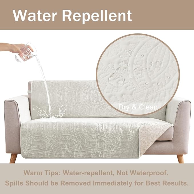 Ivory White Loveseat Couch Cover 2 Cushion Sofa, Water-Repellent Sofa Slipcover - Image 3
