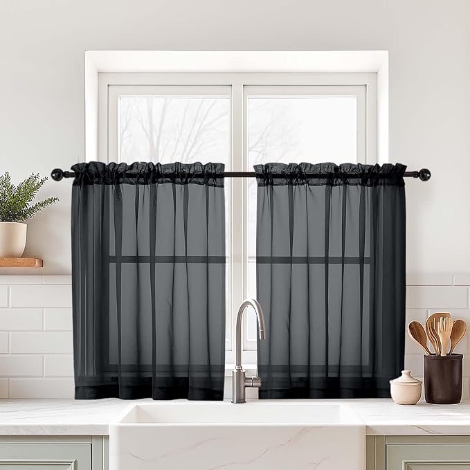 Black Small Sheer Curtains 2 Panels Set, Kitchen Curtains 36 Inch Length by Home